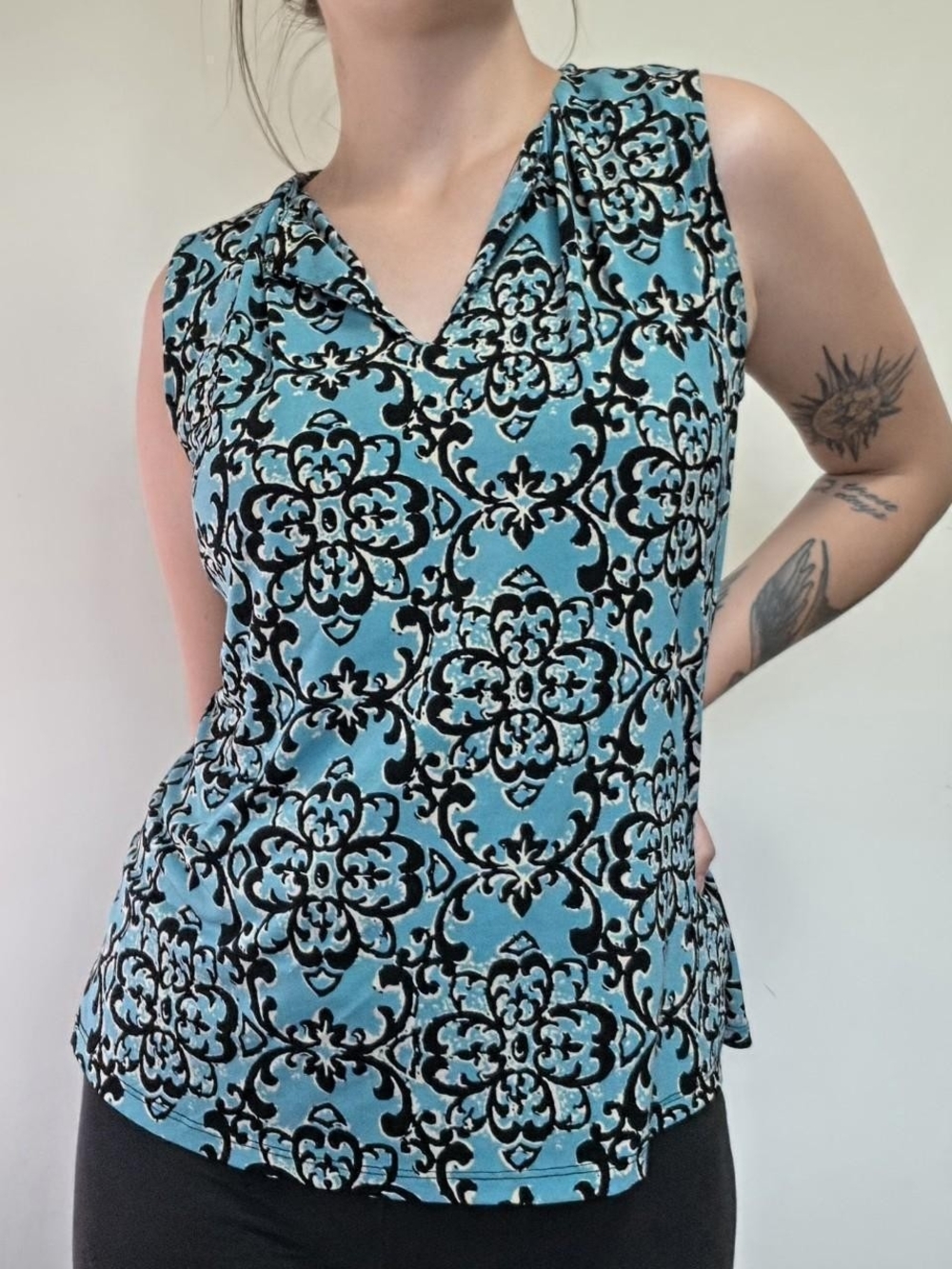 Teal Y2K Boho Patterned Sleeveless Blouse